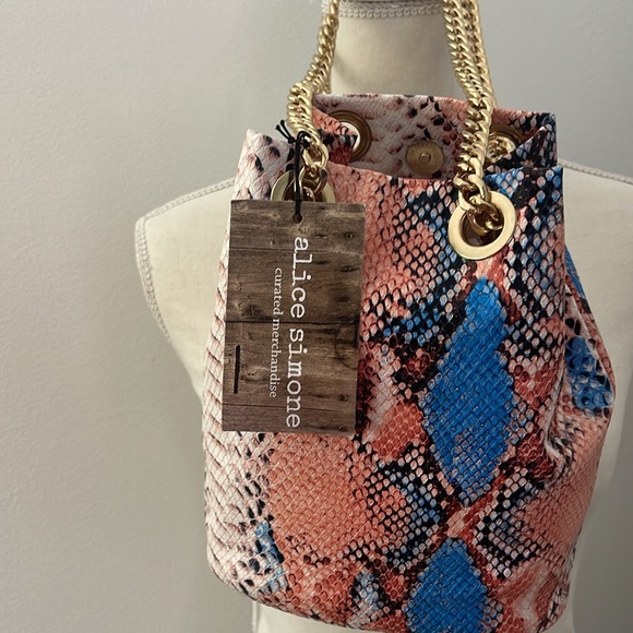 Peach,Blue and Black Python Draw String Mini Bag - Picture 7 of 11